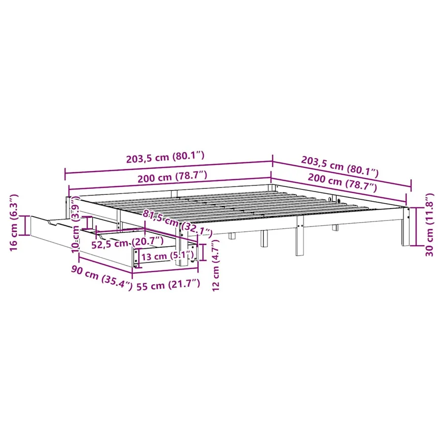 Cadre de lit avec tiroirs sans matelas blanc 200x200 cm - 11
