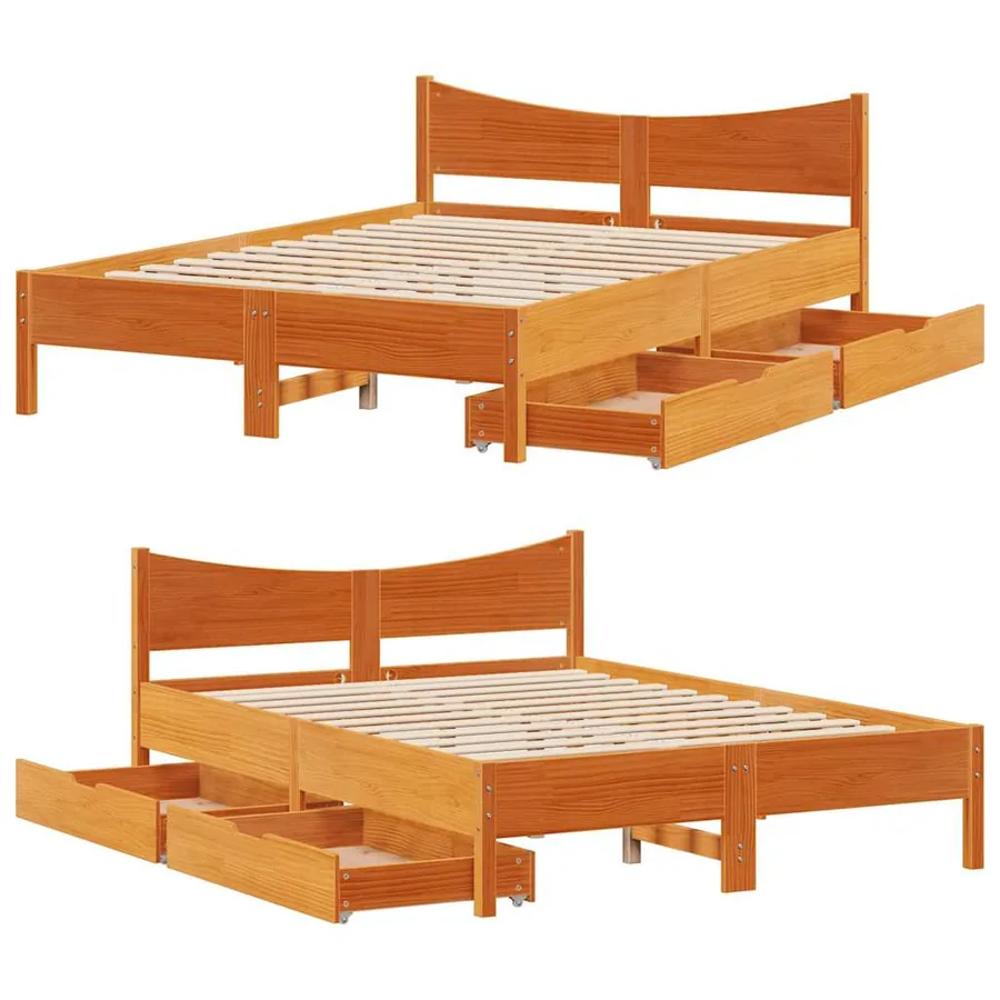 Cadre de lit avec tiroirs cire marron 135x190cm bois pin massif - 9