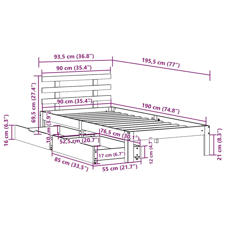 Cadre de lit avec tiroirs sans matelas blanc 90x190 cm - 11