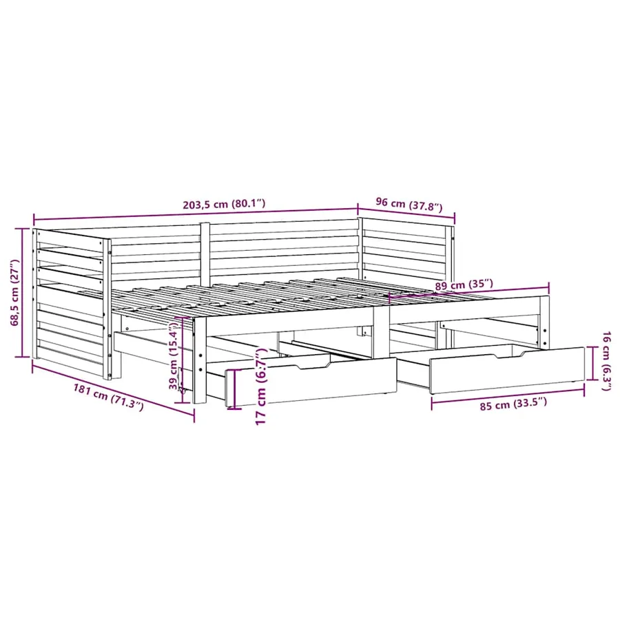Lit de jour et tiroirs sans matelas blanc 90x200 cm bois massif - 12