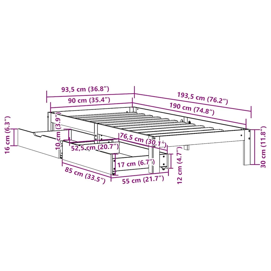 Cadre de lit avec tiroirs sans matelas 90x190 cm - 11