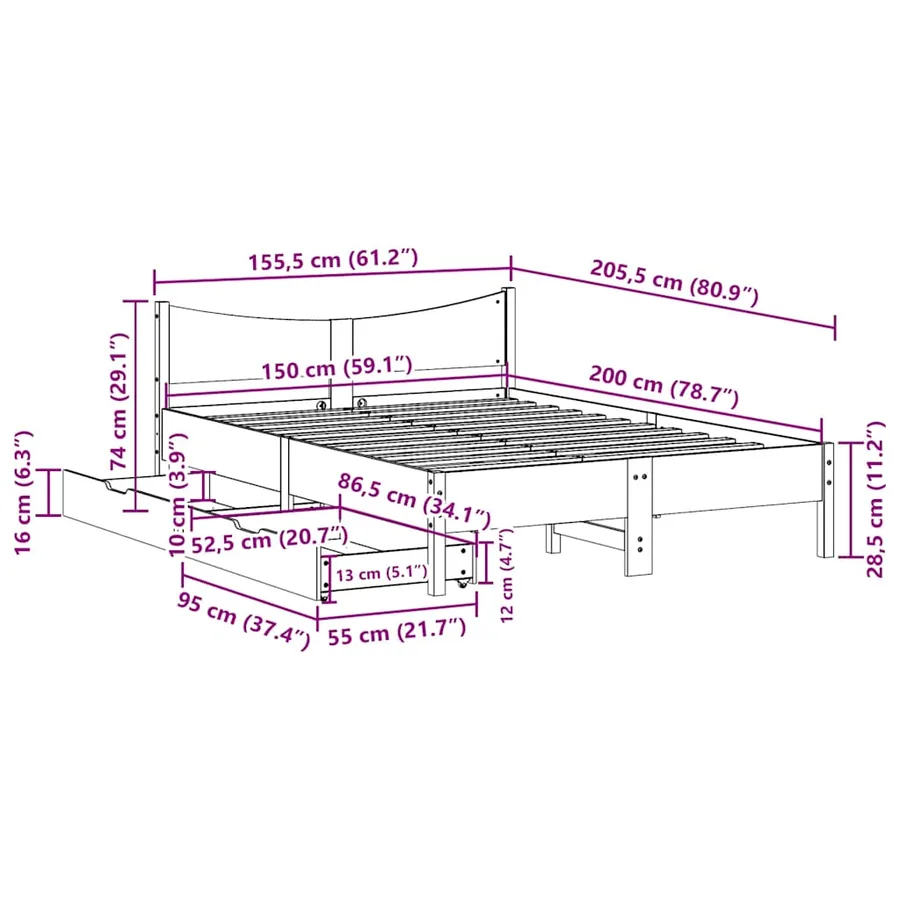 Cadre de lit avec tiroirs blanc 150x200 cm bois de pin massif - 11