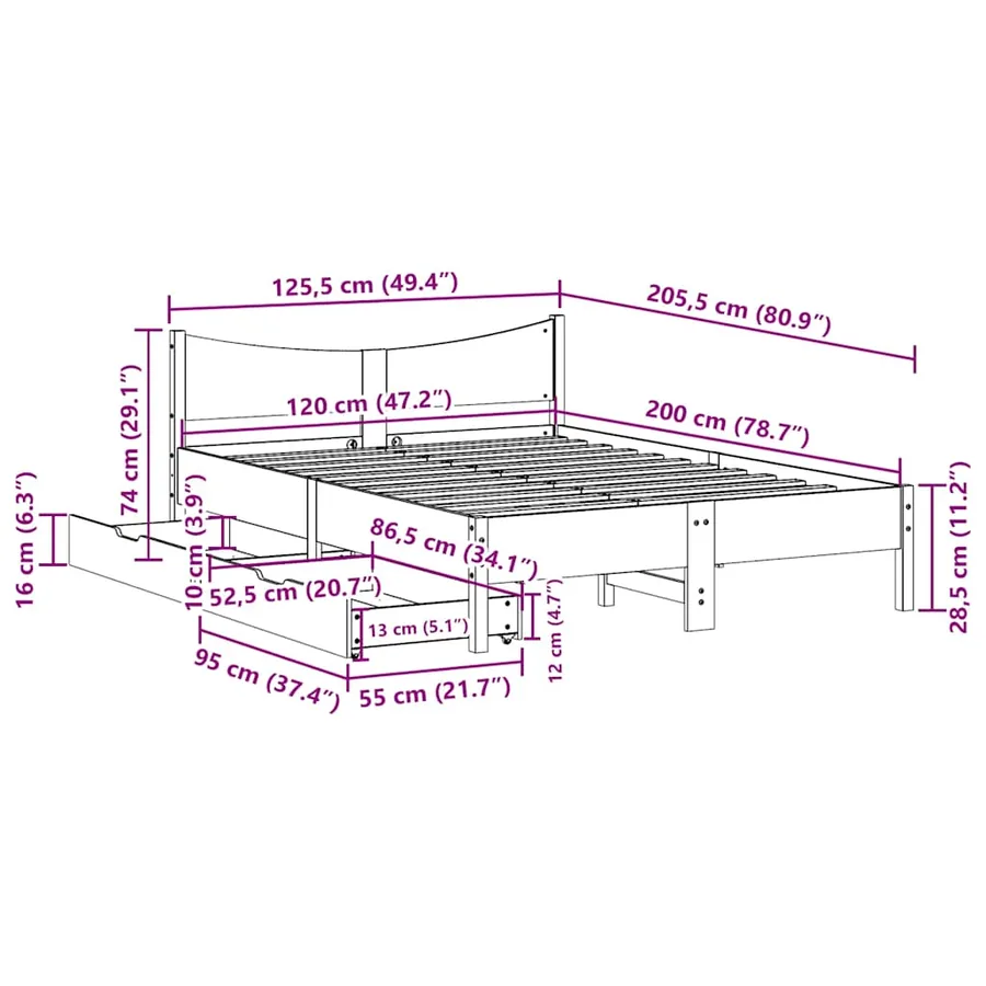 Cadre de lit avec tiroirs 120x200 cm bois de pin massif - 11
