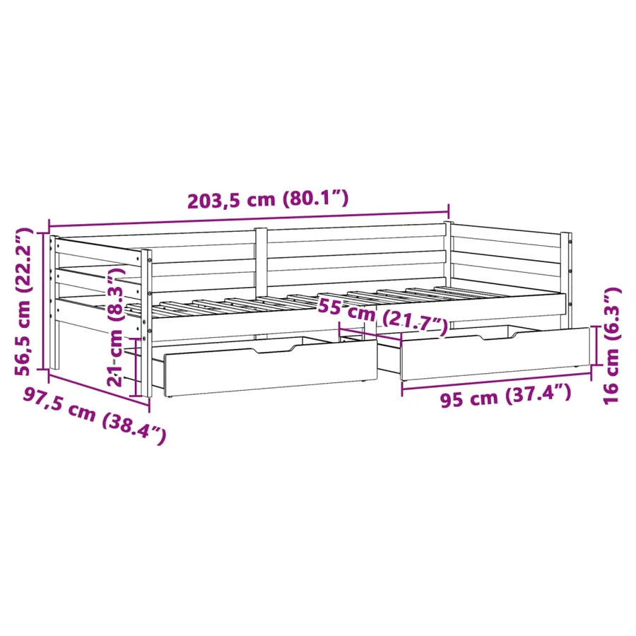 Lit de jour avec tiroirs sans matelas 90x200 cm bois massif - 12