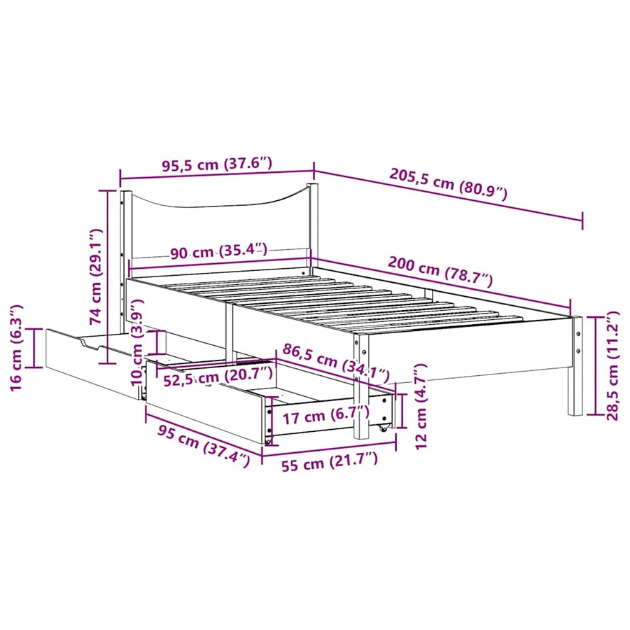 Cadre de lit avec tiroirs blanc 90x200 cm bois de pin massif - 11