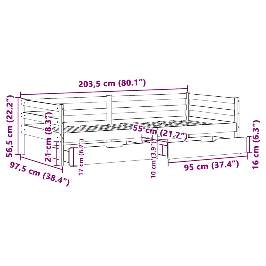 Lit de jour avec tiroirs sans matelas 90x200 cm bois massif - 12