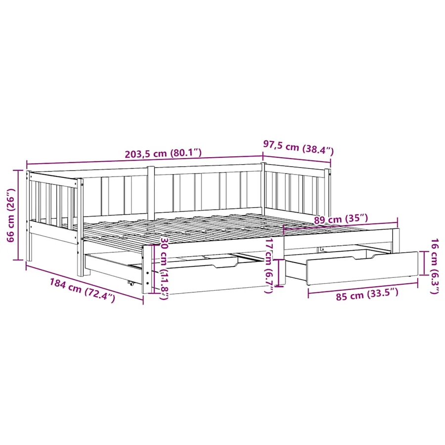 Lit de jour avec gigogne et tiroirs sans matelas 90x200 cm - 12