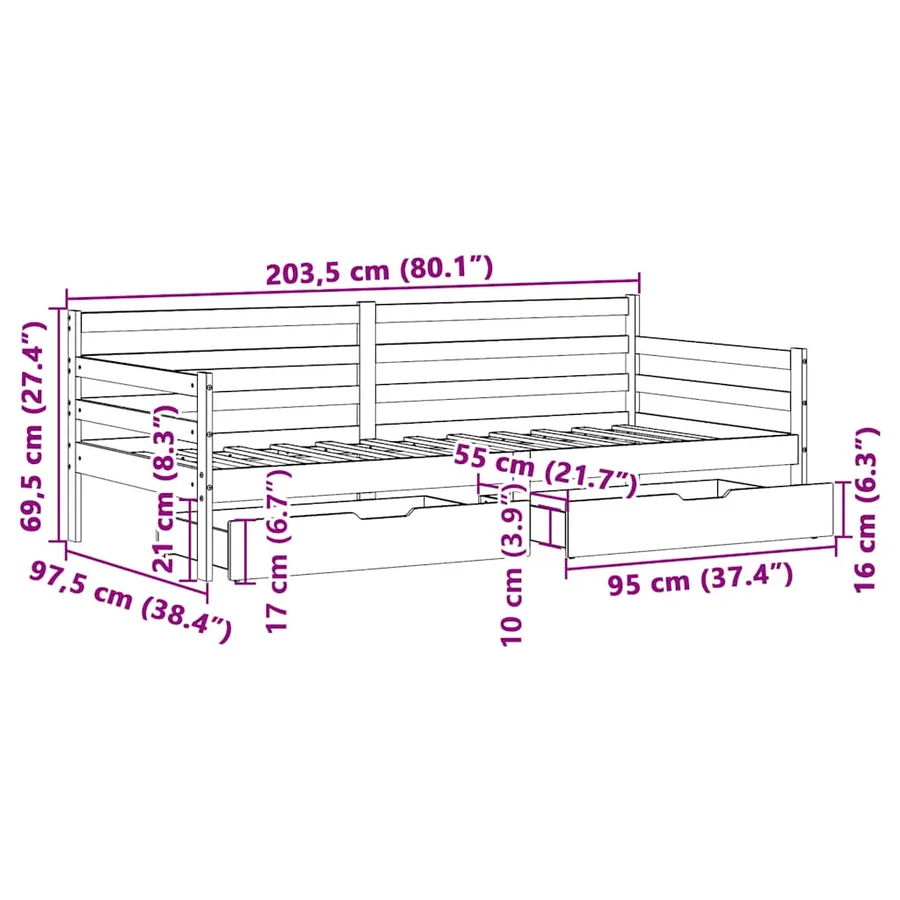 Lit de jour avec tiroirs sans matelas 90x200 cm bois massif - 12