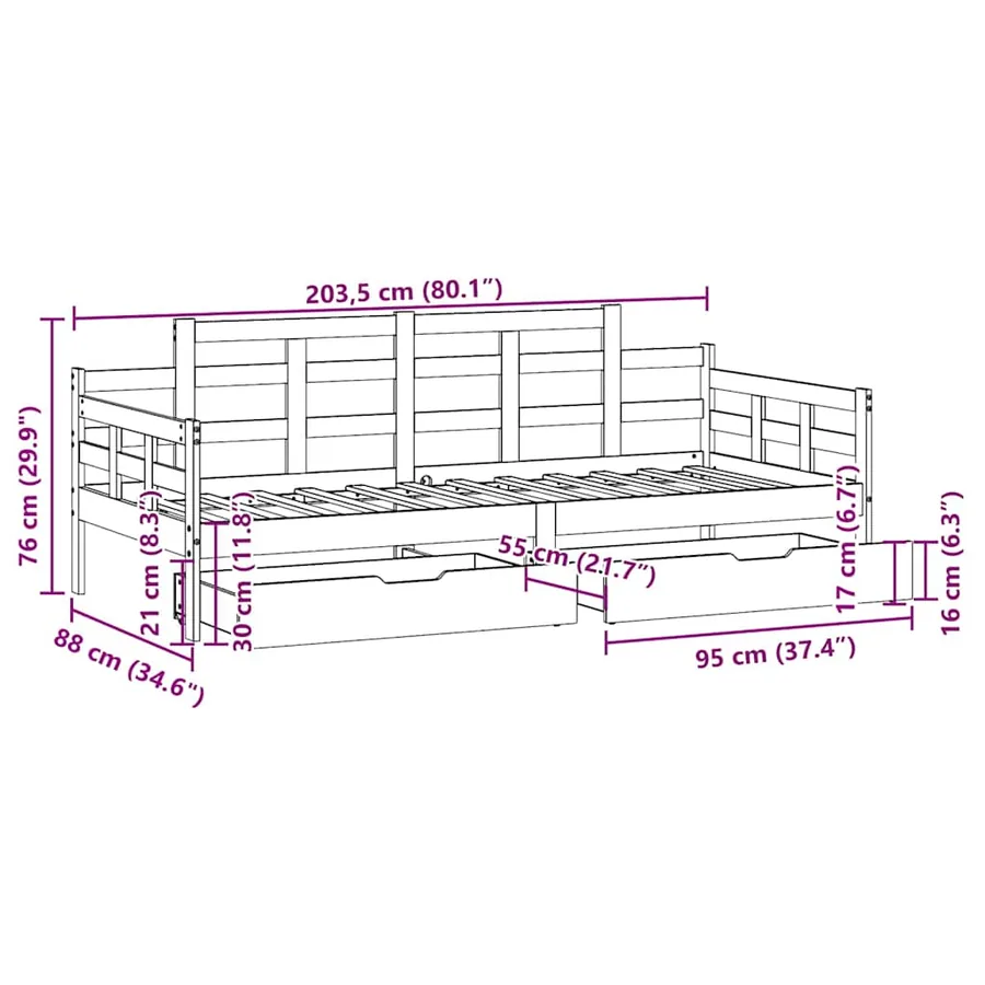 Lit de jour et tiroirs sans matelas blanc 80x200 cm bois massif - 12