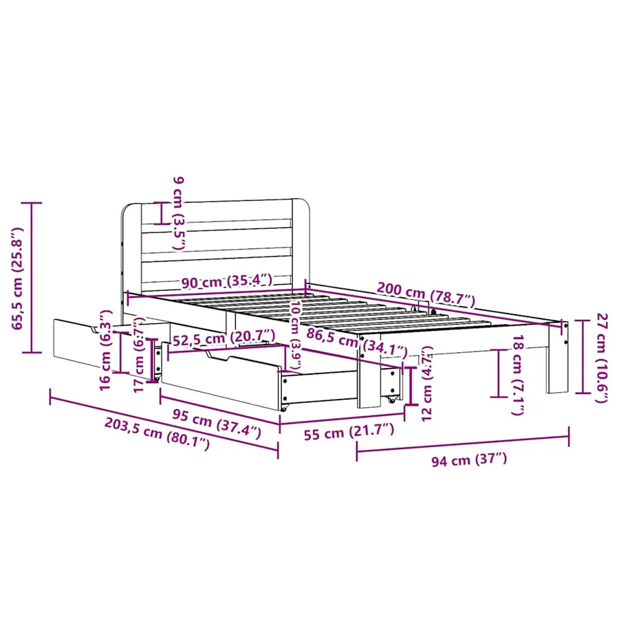 Cadre de lit sans matelas 90x200 cm bois de pin massif - 11