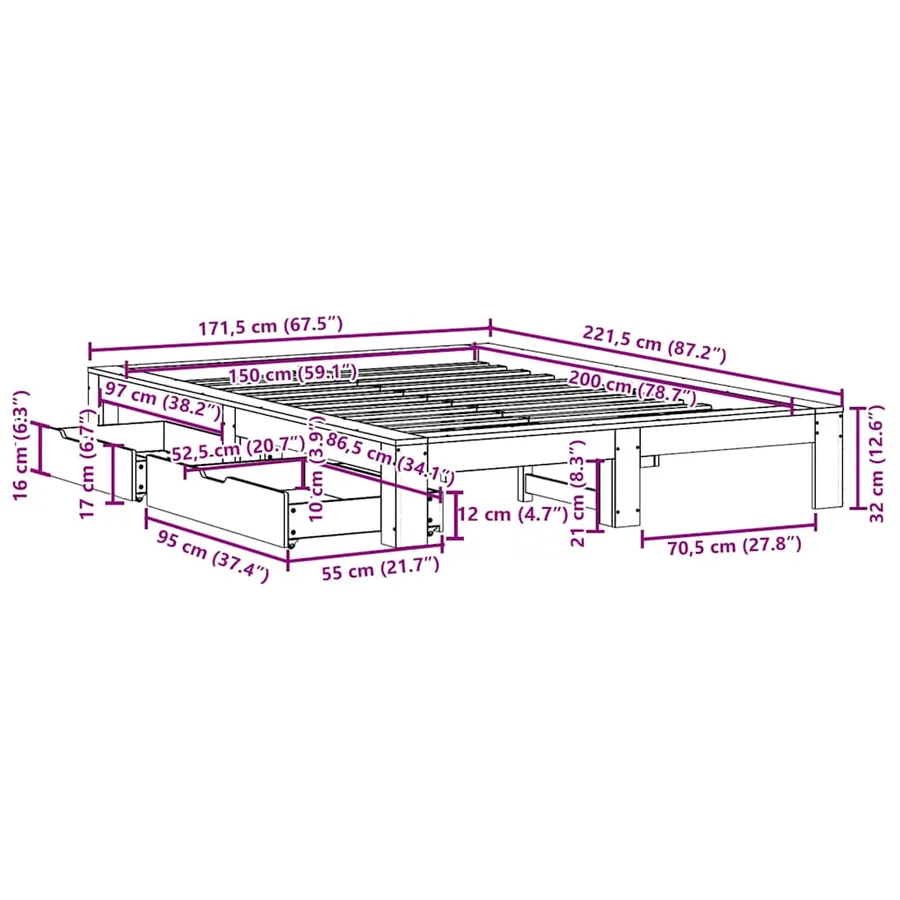 Cadre de lit sans matelas 150x200 cm bois de pin massif - 12