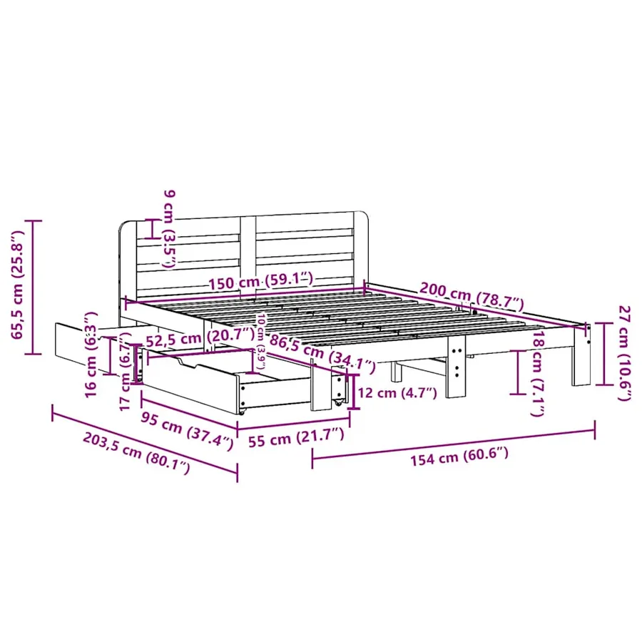 Cadre de lit sans matelas 150x200 cm bois de pin massif - 11