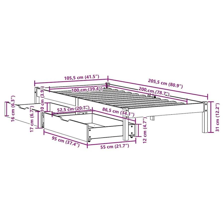 Cadre de lit sans matelas blanc 100x200 cm bois de pin massif - 11