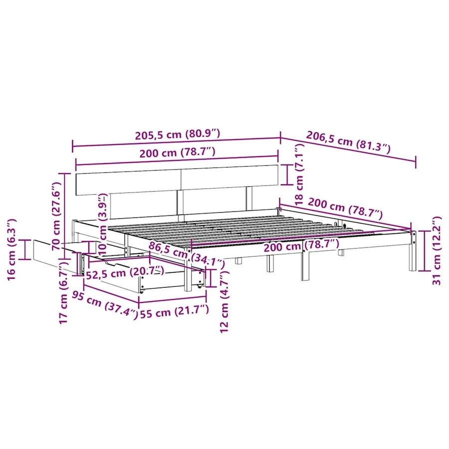 Cadre de lit sans matelas 200x200 cm bois massif de pin - 11