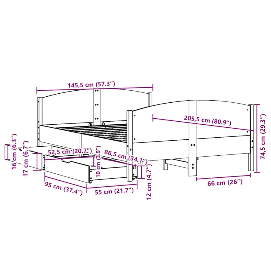 Cadre de lit sans matelas blanc 140x200 cm bois de pin massif - 12
