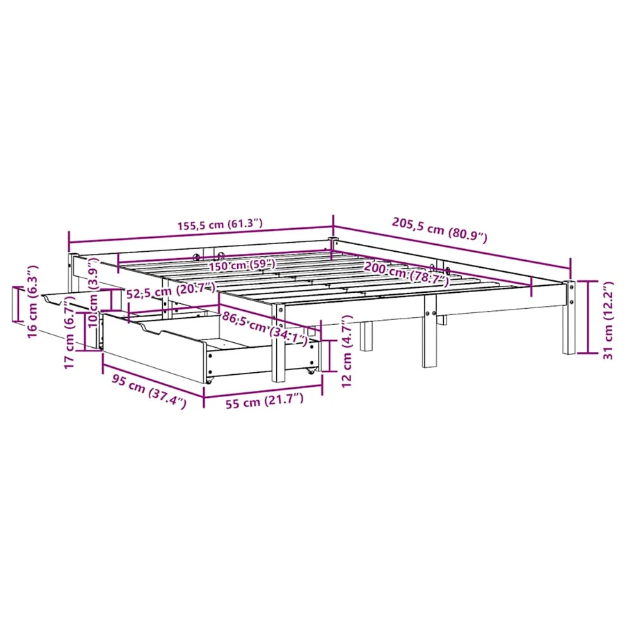 Cadre de lit sans matelas 150x200 cm bois de pin massif - 11