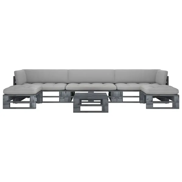 Salon de jardin palette 6pcs avec coussins Pin imprégné de gris