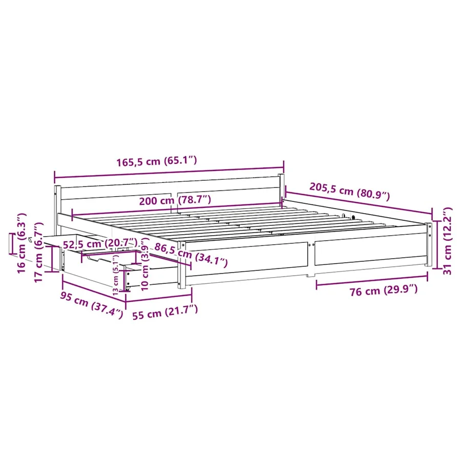 Cadre de lit sans matelas blanc 160x200 cm bois de pin massif - 12