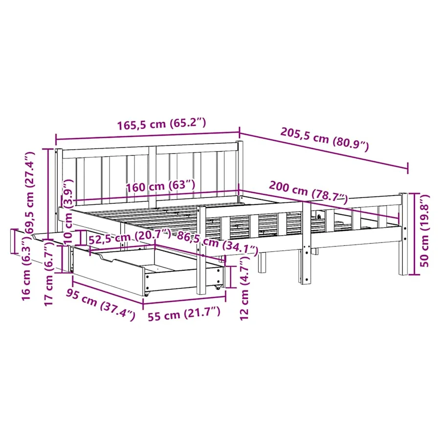 Cadre de lit sans matelas 160x200 cm bois massif de pin - 11