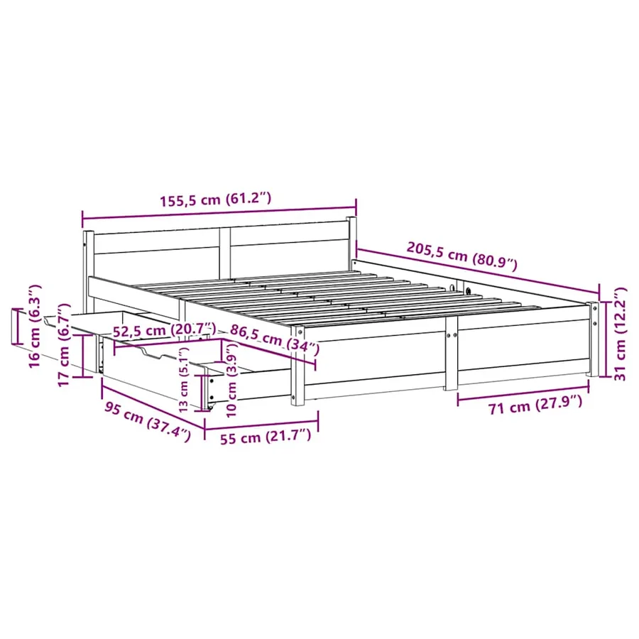 Cadre de lit sans matelas blanc 150x200 cm bois de pin massif - 12
