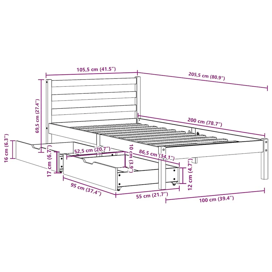Cadre de lit sans matelas 100x200 cm bois massif de pin - 12
