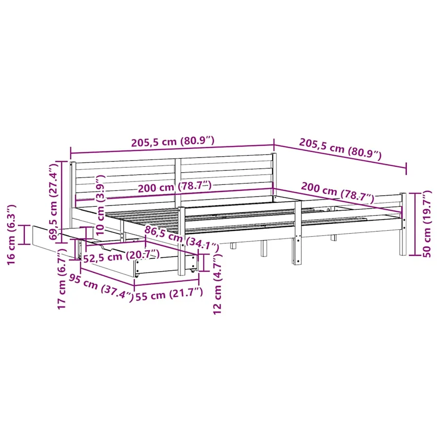 Cadre de lit sans matelas 200x200 cm bois massif de pin - 11
