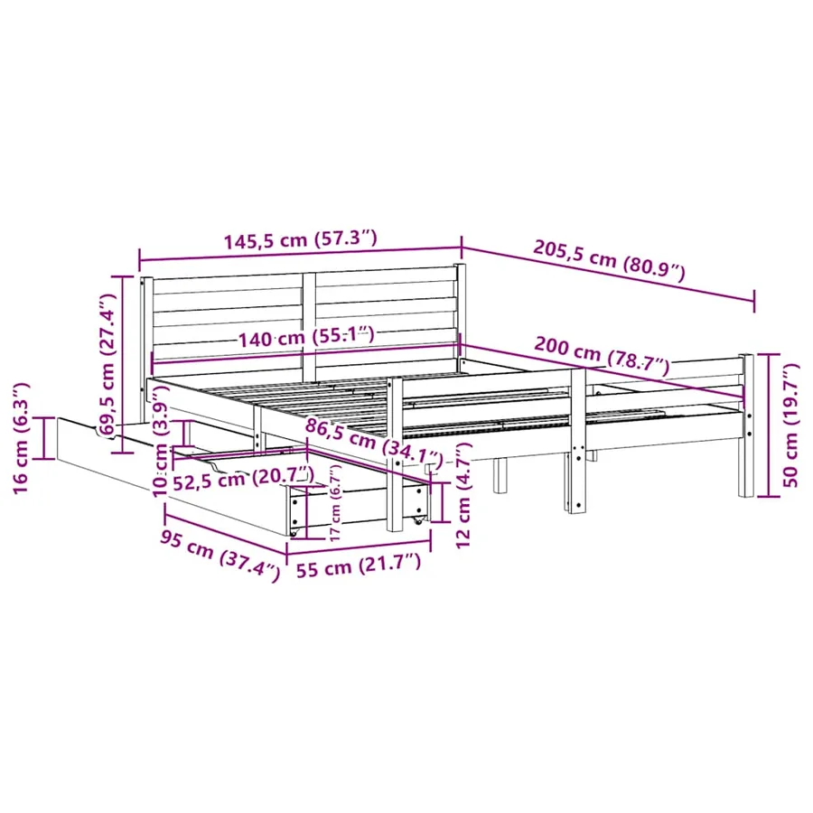 Cadre de lit sans matelas blanc 140x200 cm bois de pin massif - 11