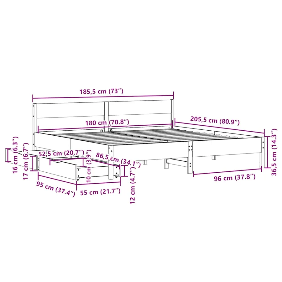 Cadre de lit sans matelas 180x200 cm bois massif de pin - 12