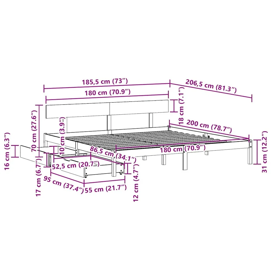 Cadre de lit sans matelas 180x200 cm bois massif de pin - 11