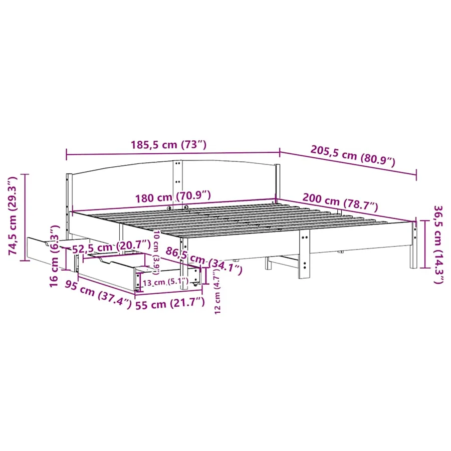 Cadre de lit sans matelas blanc 180x200 cm bois massif de pin - 11