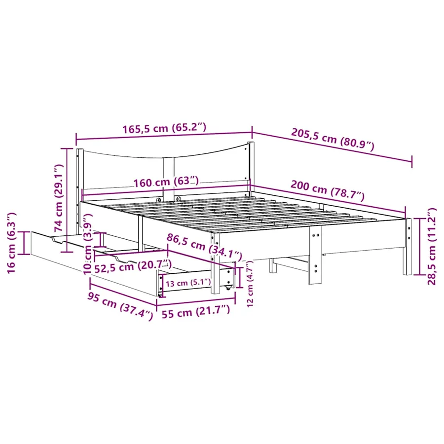 Cadre de lit avec tiroirs cire marron 160x200cm bois massif pin - 11
