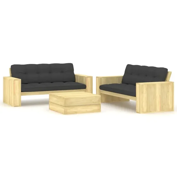 Salon de jardin 3 pcs avec coussins bois de pin imprégné