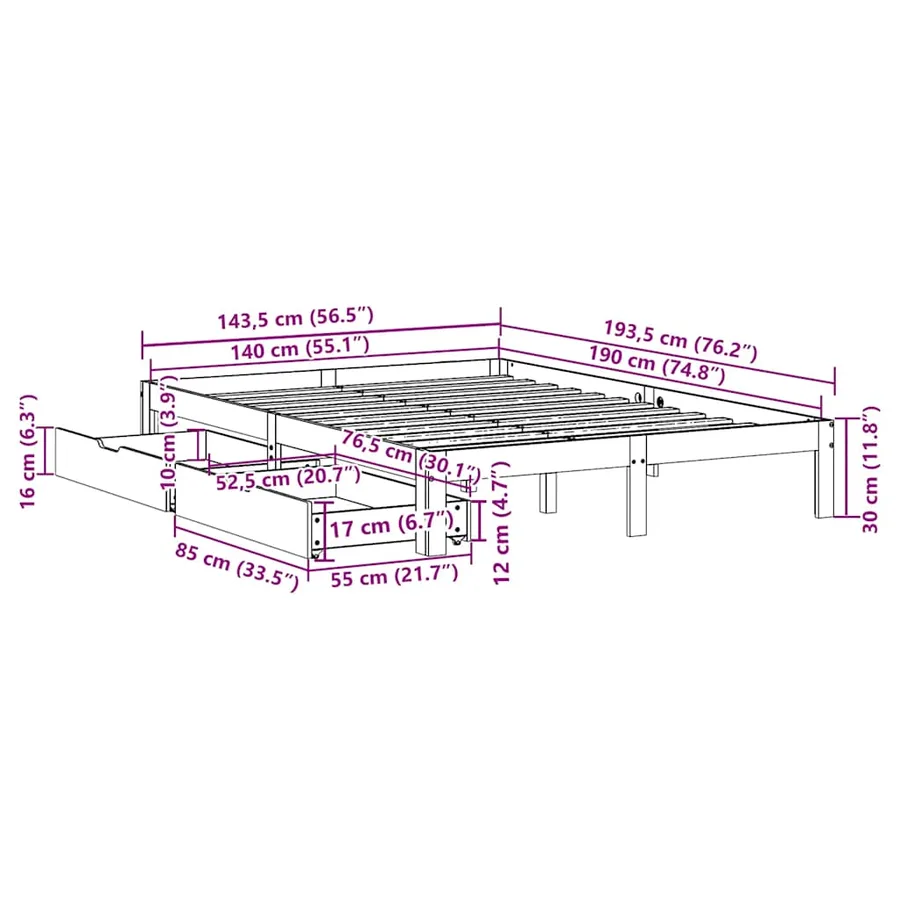 Cadre de lit avec tiroirs sans matelas cire marron 140x190 cm - 11