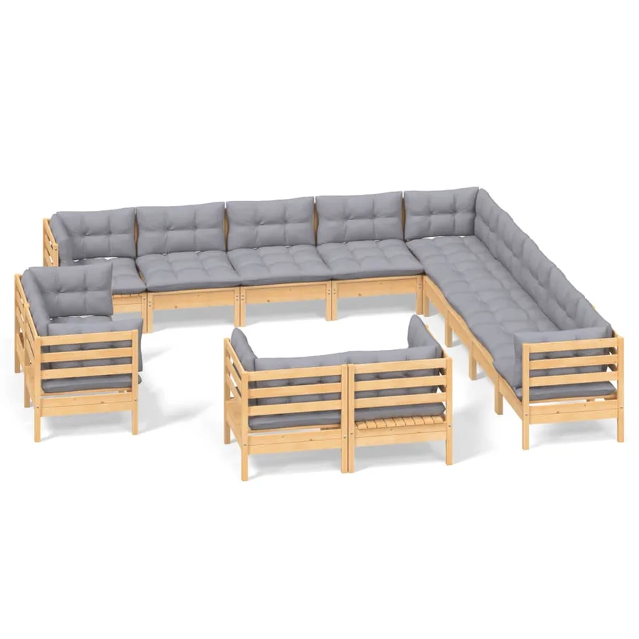 Salon de jardin 13 pcs avec coussins gris Bois de pin solide - 2