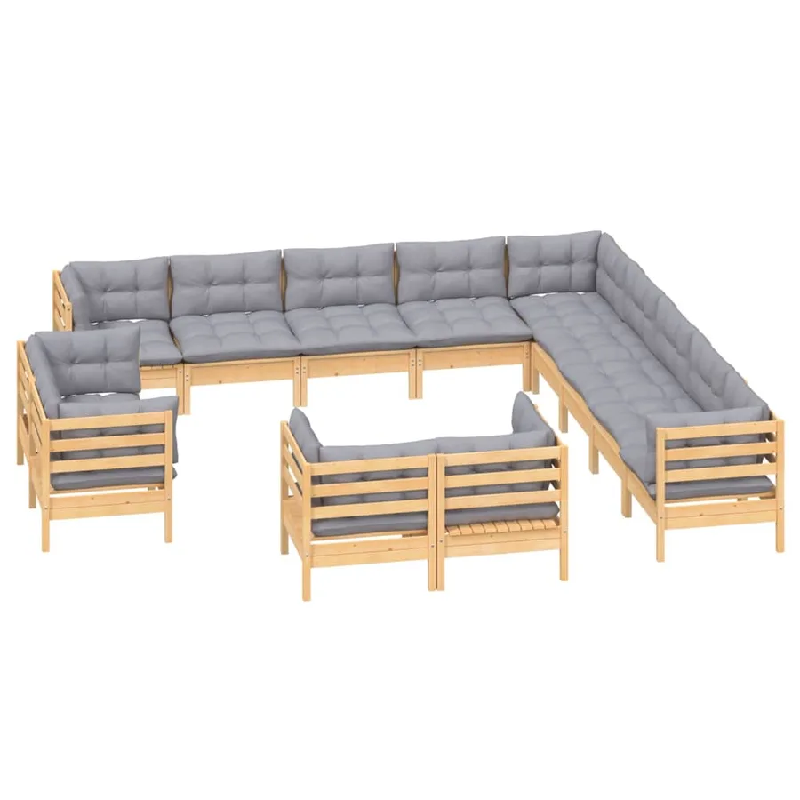 Salon de jardin 13 pcs avec coussins gris Bois de pin solide - 3