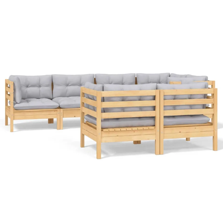 Salon de jardin 7 pcs avec coussins gris bois de pin massif - 2