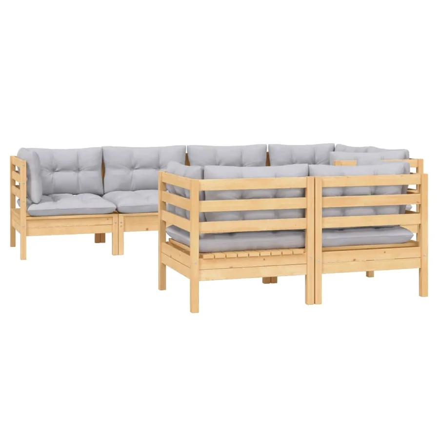 Salon de jardin 7 pcs avec coussins gris bois de pin massif - 3