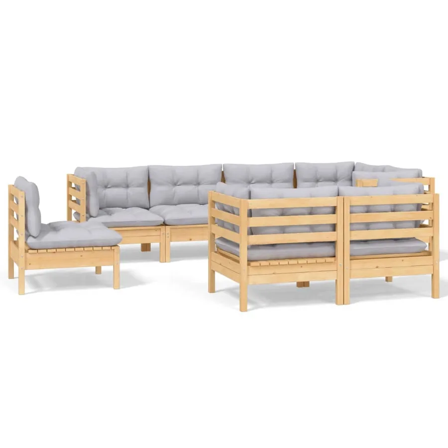 Salon de jardin 8 pcs avec coussins gris Bois de pin massif - 2