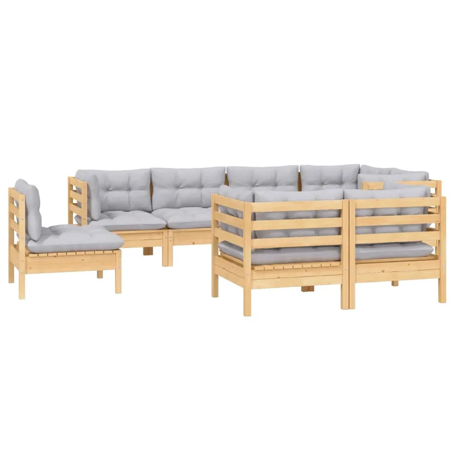 Salon de jardin 8 pcs avec coussins gris Bois de pin massif - 3