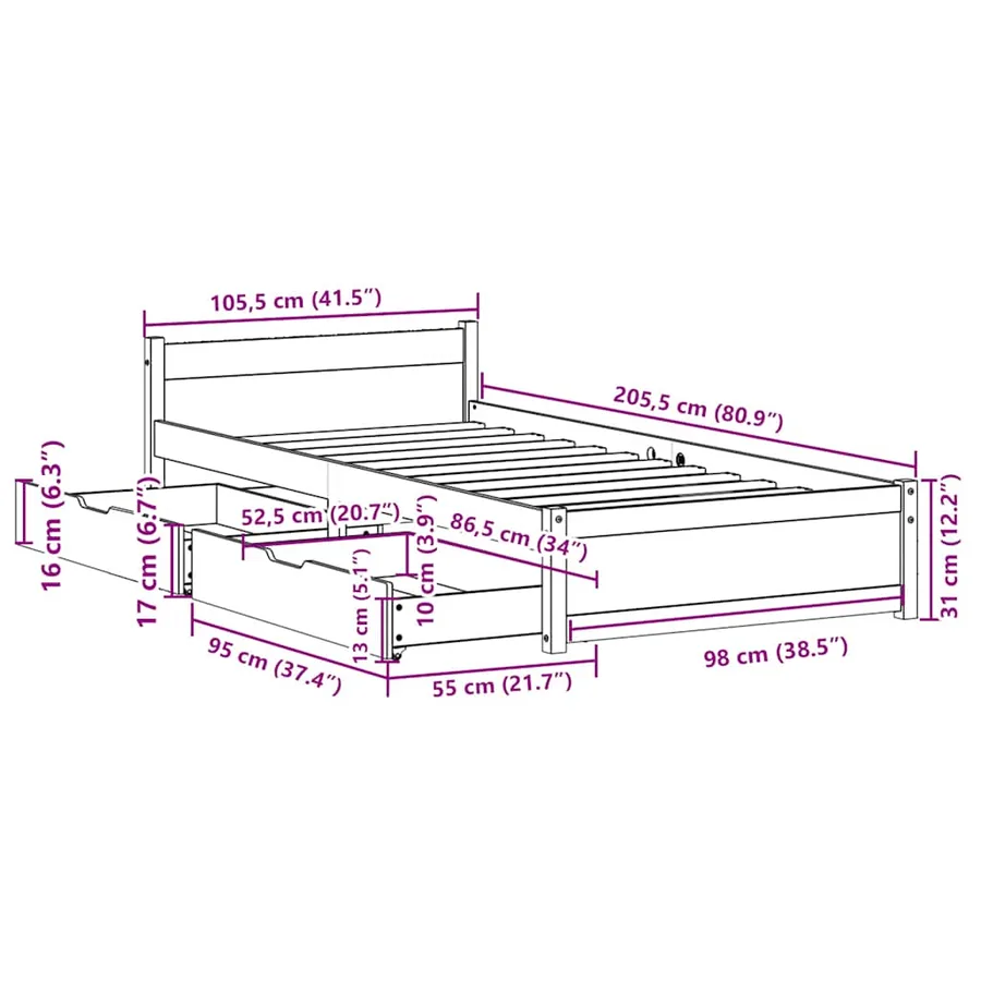 Cadre de lit sans matelas blanc 100x200 cm bois de pin massif - 12