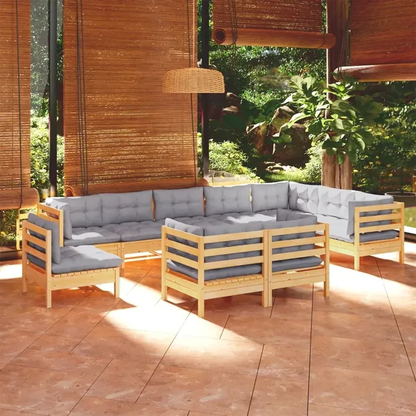 Salon de jardin 10 pcs avec coussins gris bois de pin massif