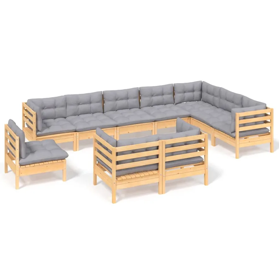 Salon de jardin 10 pcs avec coussins gris bois de pin massif - 2