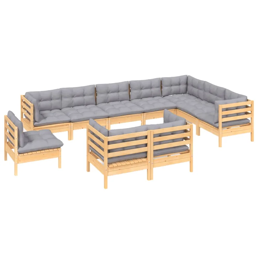 Salon de jardin 10 pcs avec coussins gris bois de pin massif - 3