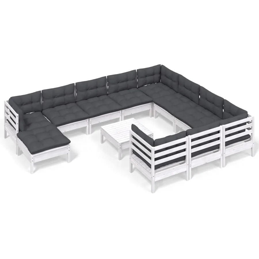 Salon de jardin 12 pcs avec coussins blanc bois de pin - 2