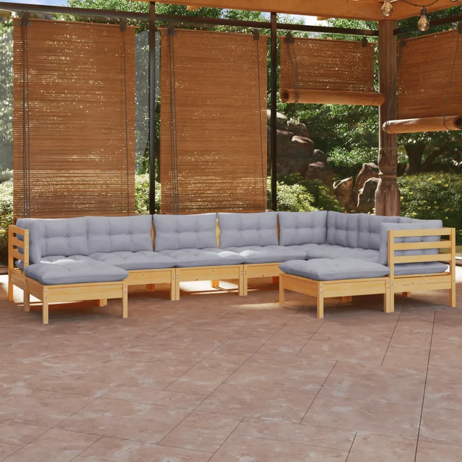 Salon de jardin 9 pcs avec coussins gris bois de pin massif