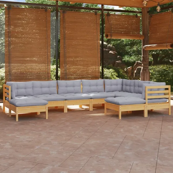 Salon de jardin 9 pcs avec coussins gris bois de pin massif