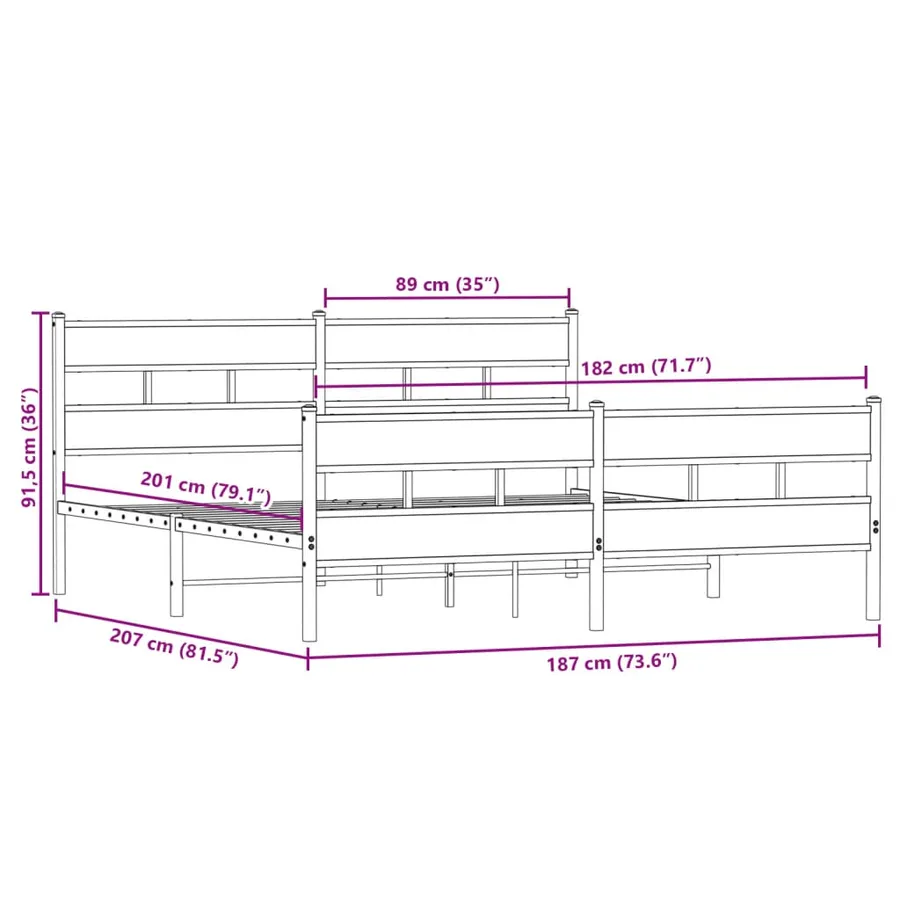 Cadre de lit en métal sans matelas chêne fumé 180x200 cm - 9
