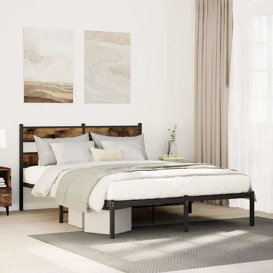 Cadre de lit en métal sans matelas chêne fumé 135x190 cm