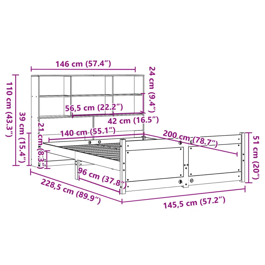 Lit bibliothèque sans matelas blanc 140x200 cm bois pin massif - 11