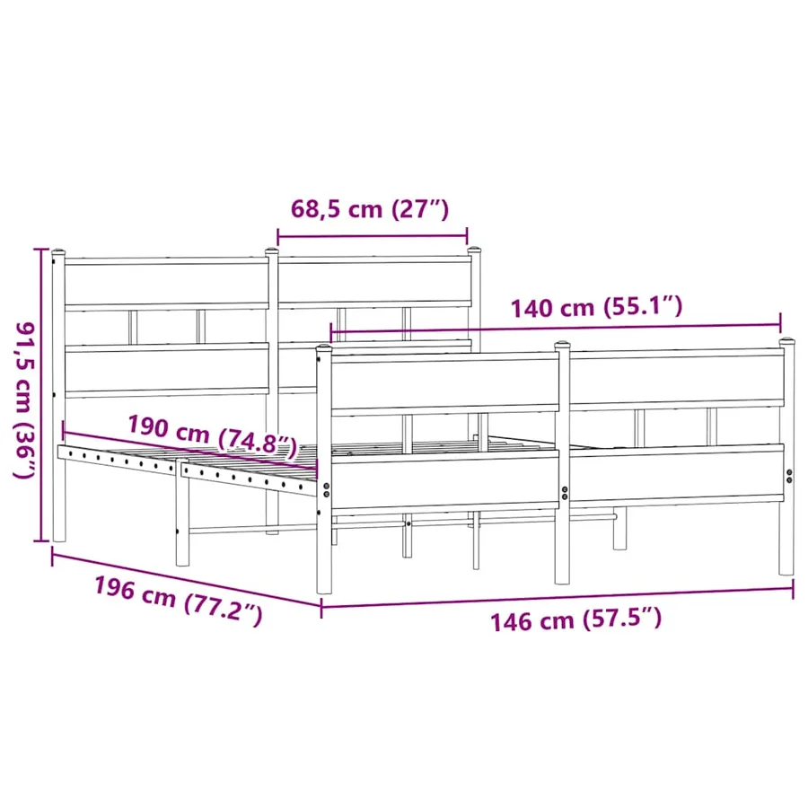 Cadre de lit en métal sans matelas chêne fumé 140x190 cm - 9
